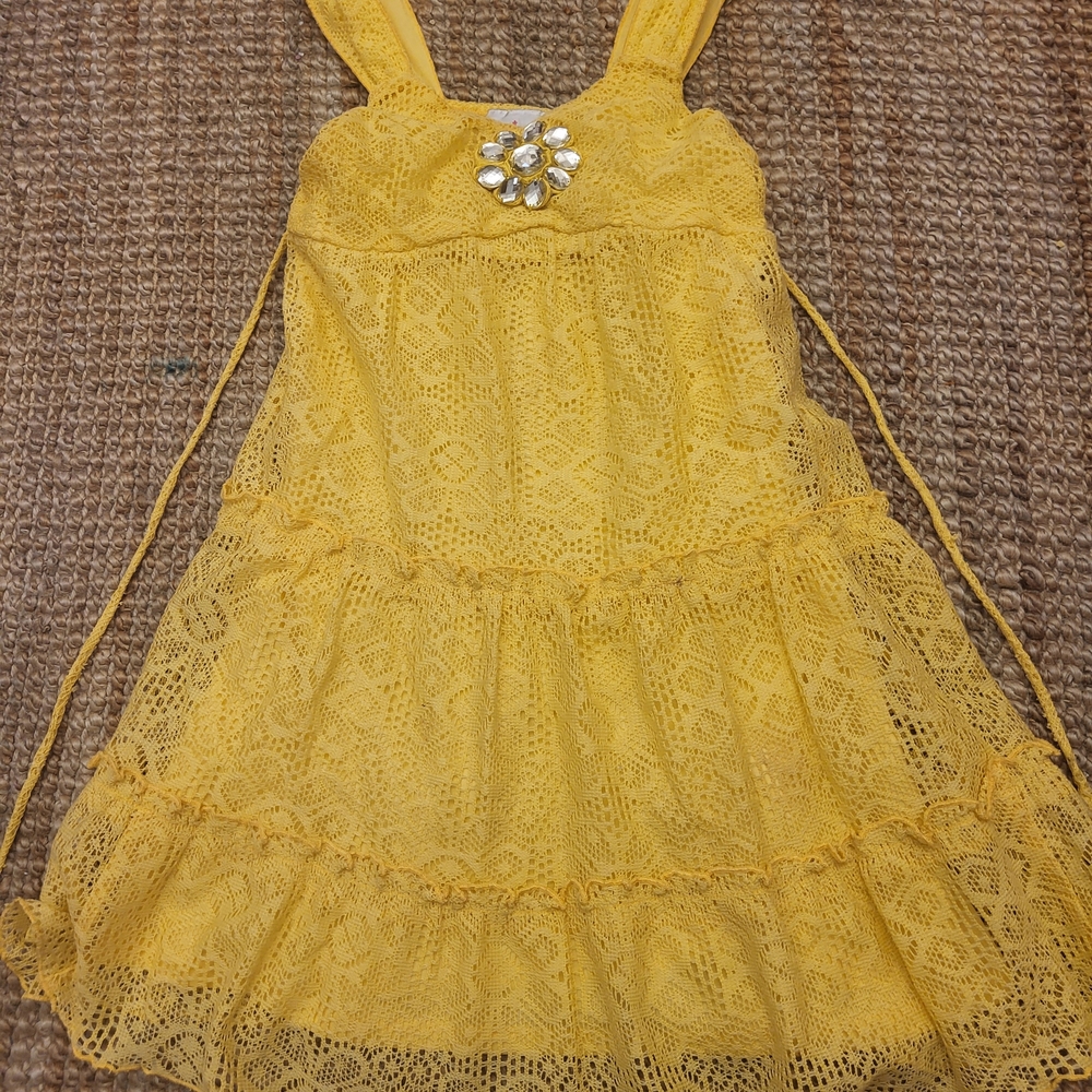 Amy's Closet Yellow Lace Tiered Dress with Rhinestone Flower